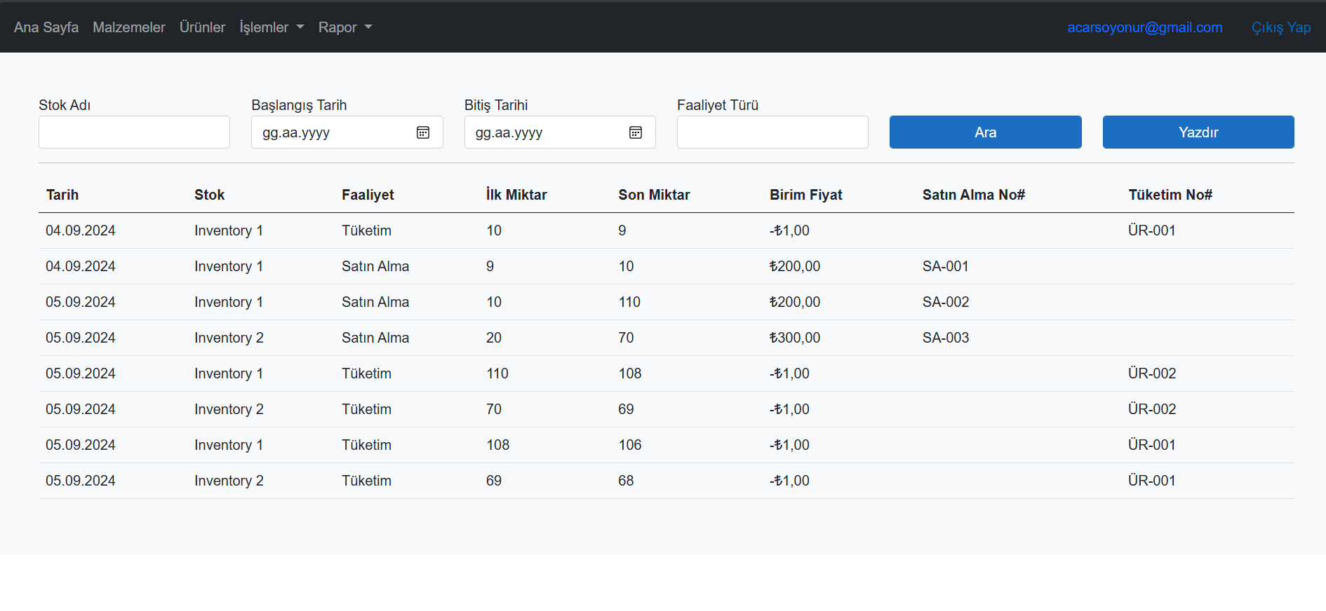 Inventory Management System - Malzeme ve ürün yönetim sistemi