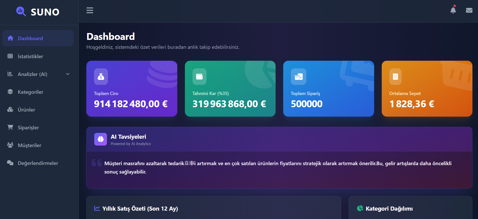SunoAI Dashboard - AI destekli veri analizi ve raporlama paneli